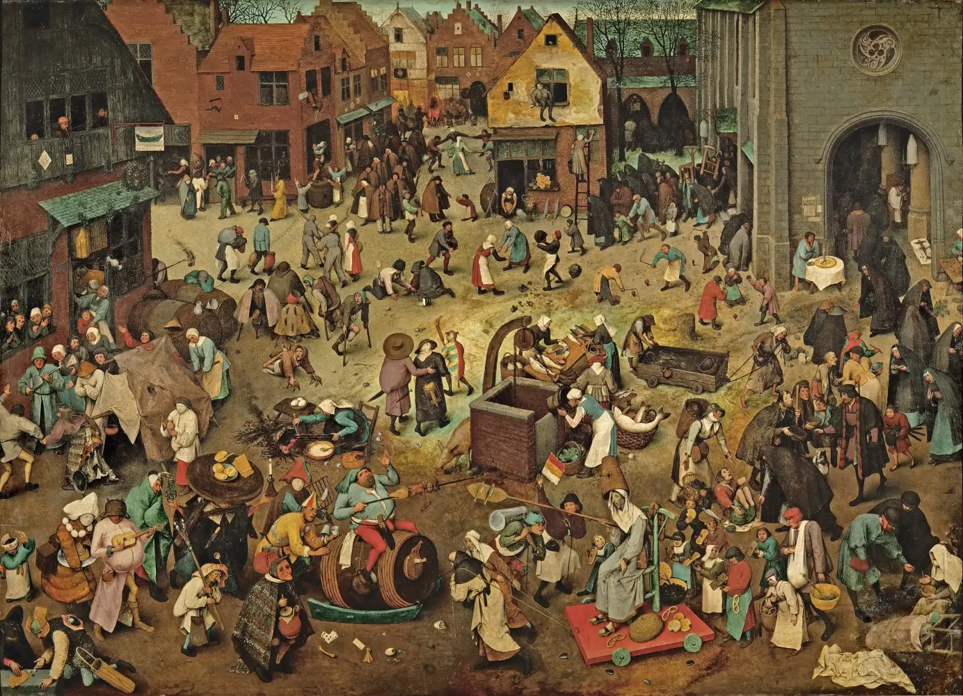 Pintura de Pieter Bruegel, o Velho, mostrando uma praça movimentada de uma vila medieval