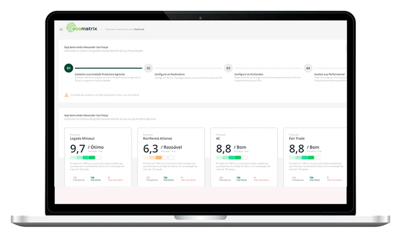 Tela da plataforma Ecomatrix com notas de diagnóstico por pilar de sustentabilidade